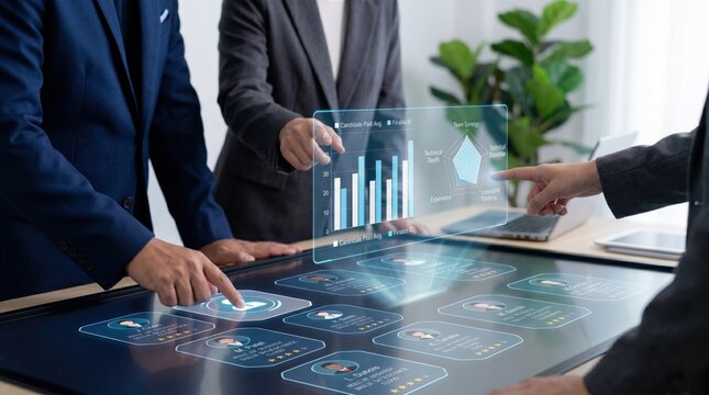 Business team analyzing employee performance data and recruitment metrics on a futuristic transparent touch screen interface with bar charts and radar graphs in an office.