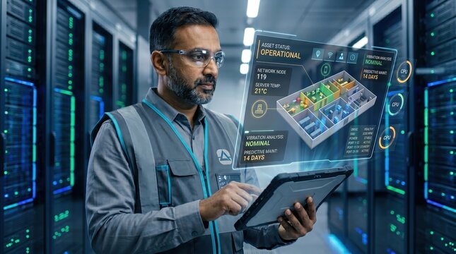IT engineer monitoring server room status and asset management using tablet with augmented reality overlay interface