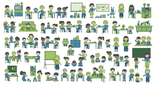 School classroom icons set, diverse students and teachers in educational settings, green and blue flat vector illustrations for elementary learning