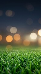 Naklejka premium Green soccer field grass with blurred stadium bokeh lights at night, world cup tournament championship event background