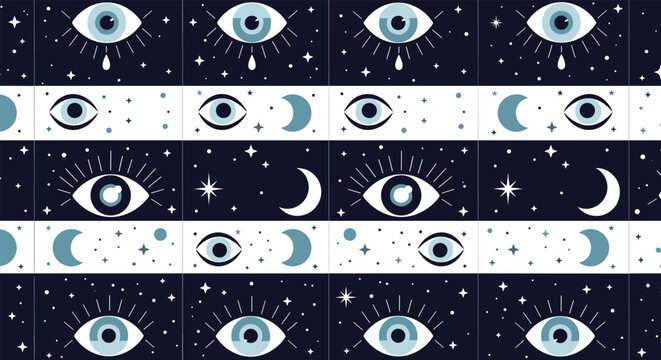Mystical seamless pattern with celestial eyes, crescent moons, and stars creates a magical and esoteric aesthetic for design.