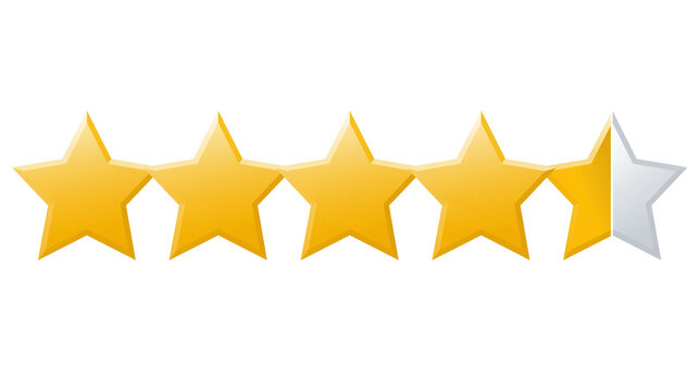 Four and a half golden stars rating, isolated on transparent background