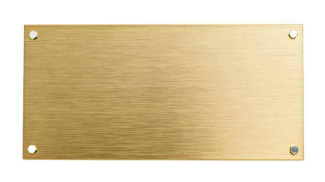 Brushed brass rectangular plaque with four silver screws, isolated on transparent background