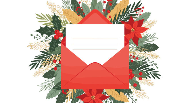 Elegant Christmas themed greeting card featuring an open red envelope with a blank white paper surrounded by holly, pine, and poinsettias.