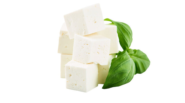 Stack of white feta cheese cubes with fresh green basil leaves, isolated on transparent background