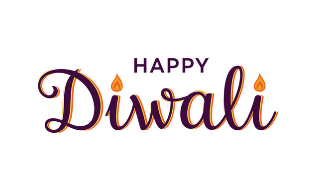 Festive greeting message reading Happy Diwali in a stylish purple cursive font with two small orange oil lamp flames on either side.