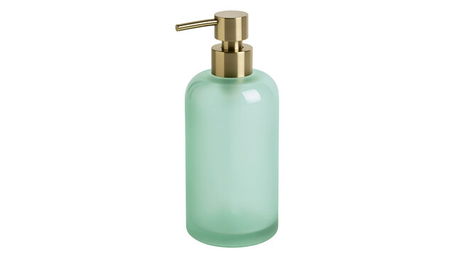 Frosted green glass soap dispenser with gold pump mechanism, isolated on transparent background