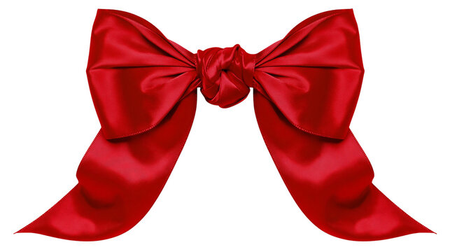 Shiny red satin bow with flowing tails, isolated on transparent background