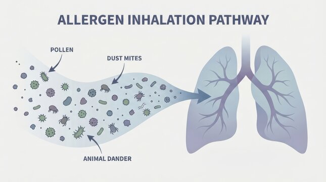 Allergen inhalation pathway infographic showing pollen dust mites and animal dander entering lungs for medical poster design