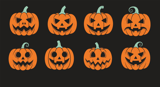 Set of eight orange jack-o-lantern pumpkins with various scary and happy carved faces on a solid dark black background for Halloween.