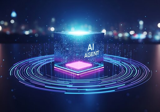 Artificial intelligence agent concept futuristic digital cube with circuit board and data streams