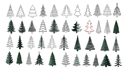 Obraz premium Huge variety of fifty different hand-drawn pine and evergreen tree silhouettes and sketches in various artistic styles and fills.
