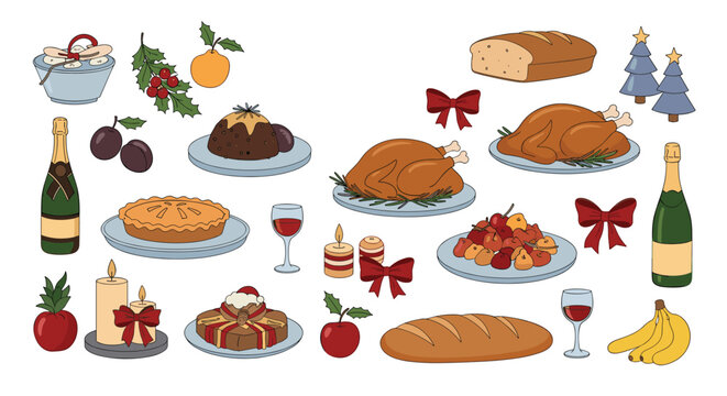 Large collection of traditional Christmas and Thanksgiving dinner elements including roasted turkey pie wine bottles and candles.