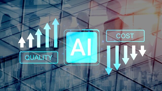 Illustration of Artificial Intelligence Impact on Business Metrics Featuring Quality Improvement and Cost Reduction Graphs in Modern Office Gluon.