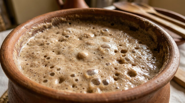 Fermented sourdough starter bubbling in clay bowl, showcasing natural fermentation process