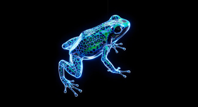 Holographic poison dart frog with glowing green and blue neon spots on black background.