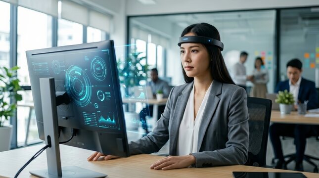 Focused female professional using a brain computer interface headband to control a monitor.