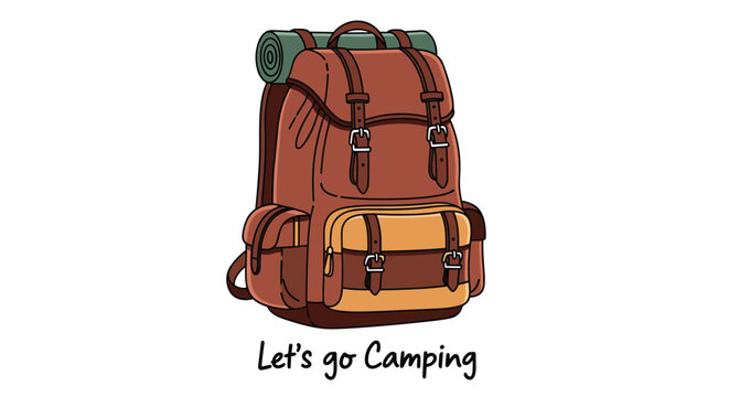 Classic brown hiking backpack with a green sleeping mat attached and the text lets go camping for outdoor adventure and travel themes.