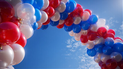 Cinematic commercial photo of a red white and blue metallic balloon arch with gold stars and flowing ribbons against a clear sky, offering ample negative space for festive banners and posters. © zhou yan