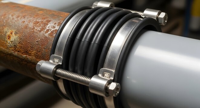 Flexible rubber expansion joint connecting old rusty pipe to new grey pipe with metal clamps and bolts, closeup view.