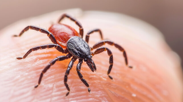 Detailed illustration of a tick bite on human skin, showing the parasitic tick attached to the skin surface and local inflammatory reactions. 