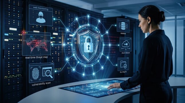 Cybersecurity analyst monitoring real-time threat map and network security dashboard on touchscreen interface, data protection shield icon, server room background