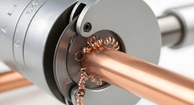 Industrial pipe cutter tool removing metal shavings from copper tubing during plumbing installation process showing precise mechanical cutting action on metallic surface close up view.