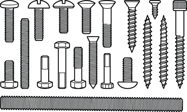 Collection of threaded screws bolts machine screws and industrial fasteners vector illustration isolated on background