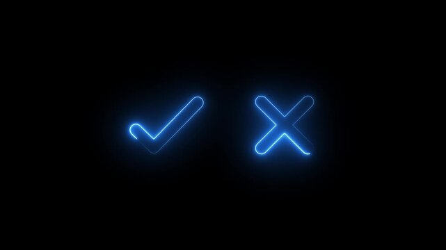 Tick or check mark and cross mark signs neon icon animation. right and wrong animated neon icons, False and true. accept and reject. neon right and wrong icon animation with black background.