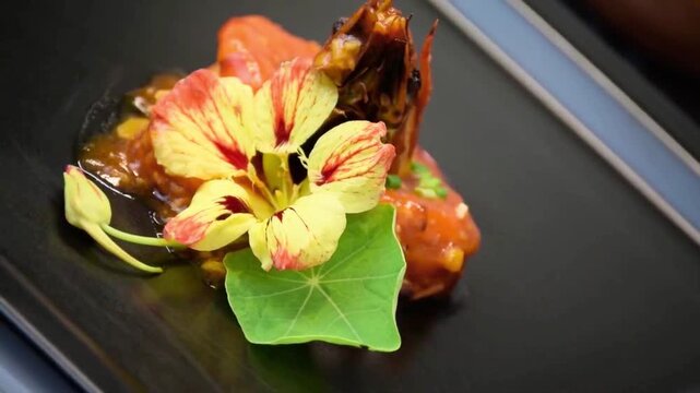 Fine dining presentation of delicious cooked prawns decorated with a fresh edible flower and green leaf.

