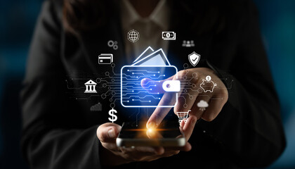 Fototapeta premium Modern mobile banking concept featuring secure digital wallet interface, contactless NFC payment, and money transfer. Represents safe user financial buy transactions in a cashless society. Corpus