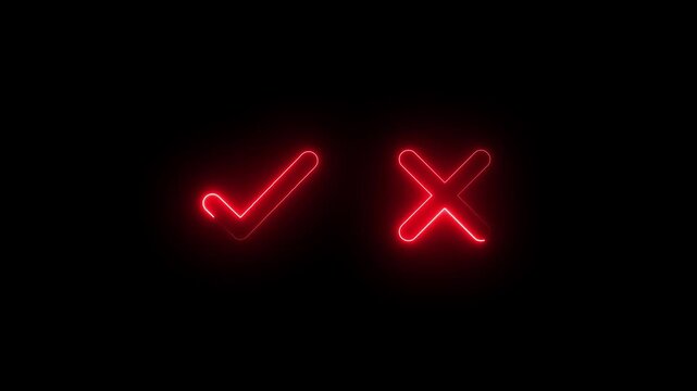 Tick or check mark and cross mark signs neon icon animation. right and wrong animated neon icons, False and true. accept and reject. neon right and wrong icon animation with black background.