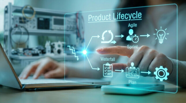 Close-up of a human hand interacting with a glowing teal digital product development lifecycle diagram featuring Agile and Waterfall methodologies in a blurred laboratory setting
