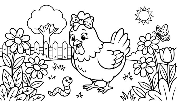 Cute cartoon chicken in a garden coloring book page for kids with flowers and a worm