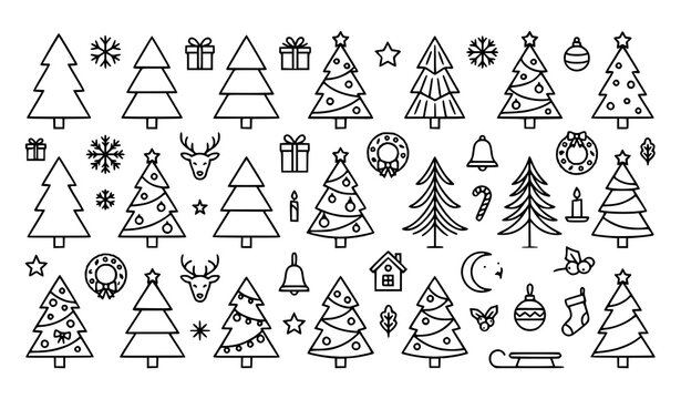 Christmas elements doodle pattern with line art pine trees, stars, and winter decorations