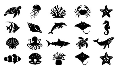 Vector silhouette collection of diverse ocean animals, coral reefs, and sea shells © MstNadiya
