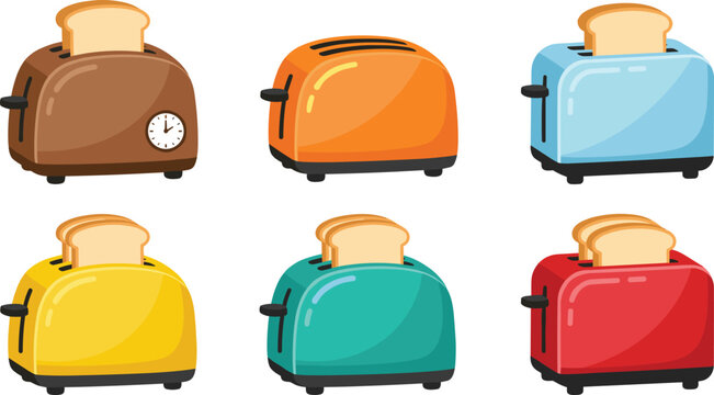 Retro kitchen toaster vector set with colorful electrical appliances toasting slices of white bread isolated on white background for breakfast cooking concept