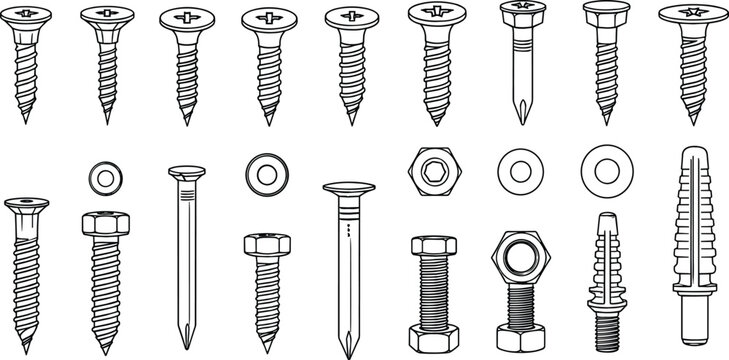 Fasteners Hardware Components Set with Screws Bolts Nuts Washers Anchors and Nails Vector Illustration