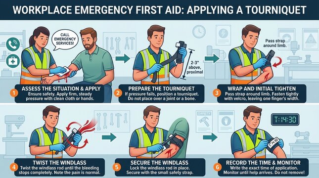 Workplace emergency first aid applying a tourniquet step by step guide for safety and injury response