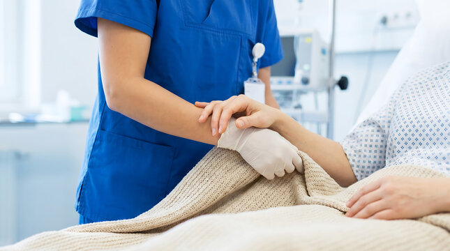 Nurse checking patient pulse in hospital bed