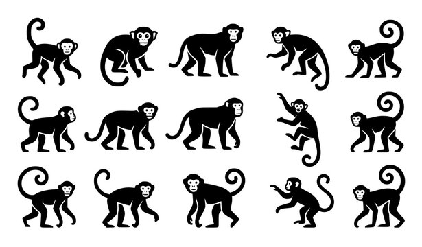 Seamless black silhouette pattern of chimpanzees and monkeys on a white background
