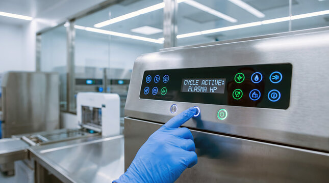 Technician operating plasma sterilizer in laboratory