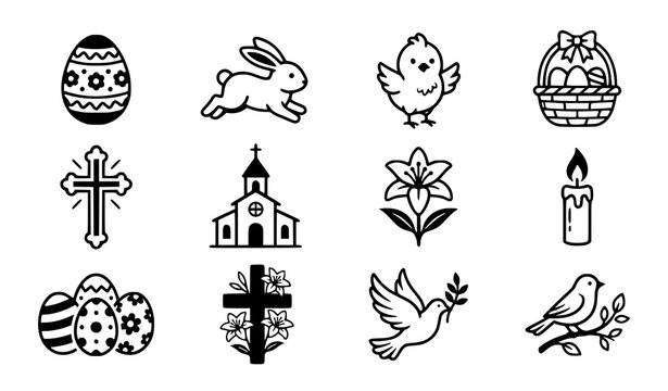 Black and white minimal icon set of traditional Easter elements, church, and doves