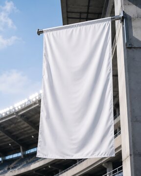 A blank white banner hangs from a pole attached to a concrete pillar, with stadium seating visible in the background under a clear blue sky.
