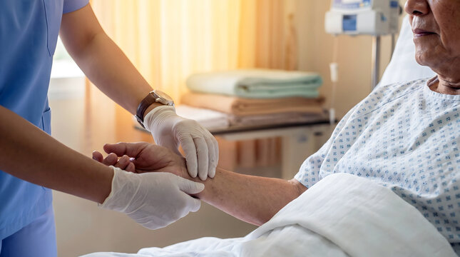 Nurse checking elderly patient pulse on wrist
