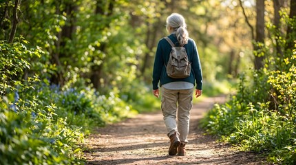 Fototapeta premium Active Senior Woman with Backpack Hiking on Sunlit Forest Trail for Healthy Aging