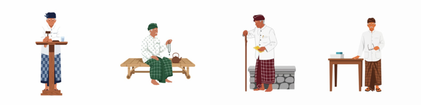 Set of four elderly Balinese men in traditional attire, depicting various cultural activities like praying, speaking, and teaching, isolated on white.