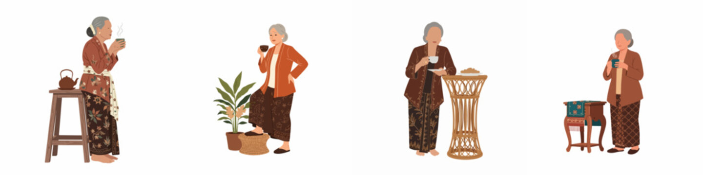 Set of illustrations depicting an elderly Indonesian woman in traditional Kebaya and Batik drinking coffee or tea in various poses on white background
