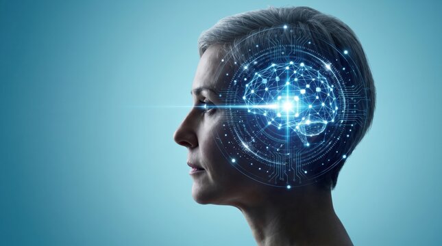 Artificial intelligence concept with digital brain inside human head, neural network technology, futuristic mind processing data and cognitive computing for innovation.