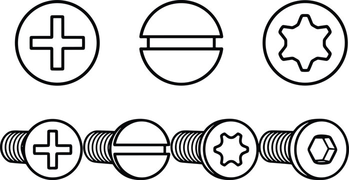 Screw drive head types with Phillips slotted Torx and hex socket fasteners vector illustration set